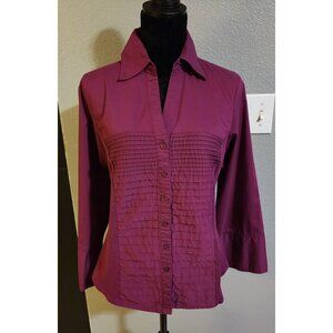 Ny Collection Womens Button-Down Pleated Blouse Collar 3/4 Sleeves Large Purple
